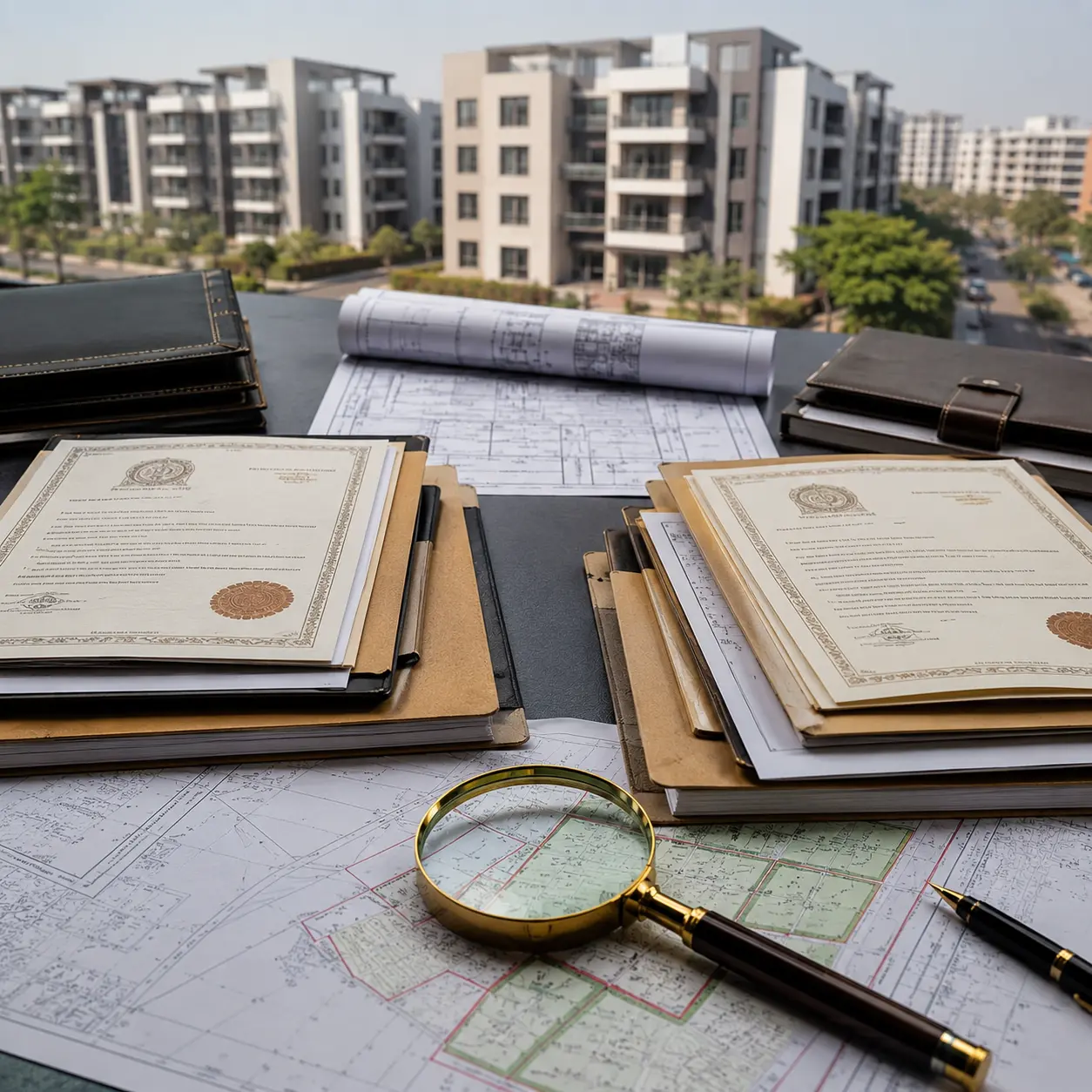 Property dispute documents and evidence being carefully reviewed before legal action